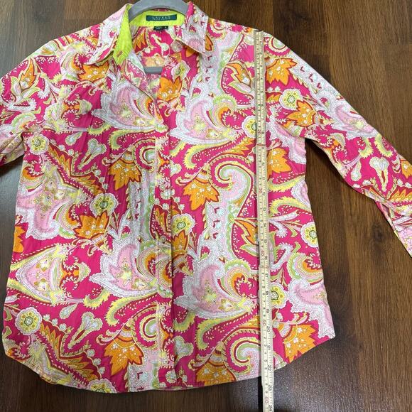Lauren Ralph Lauren Paisley Cotton Button Up Neon Pink Green Funky Retro Sz M - Picture 3 of 7